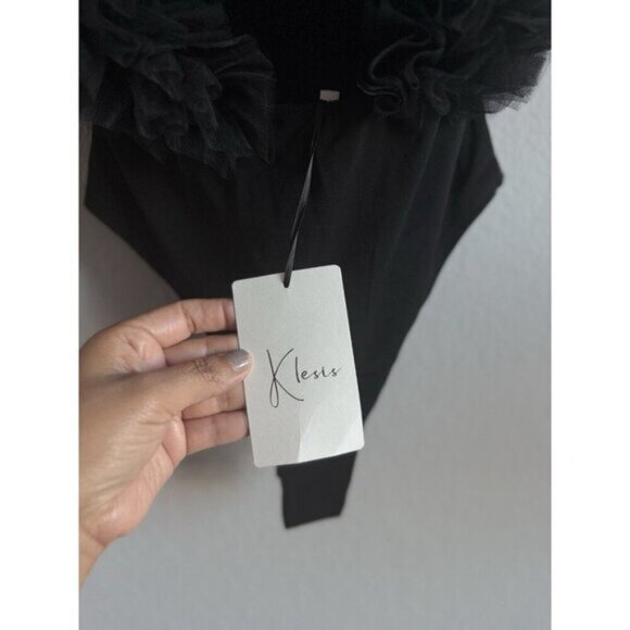 Klesis Women's Small Tulle Ruffled Black Deep-V Organza Bodysuit Sheer NEW - Picture 13 of 16